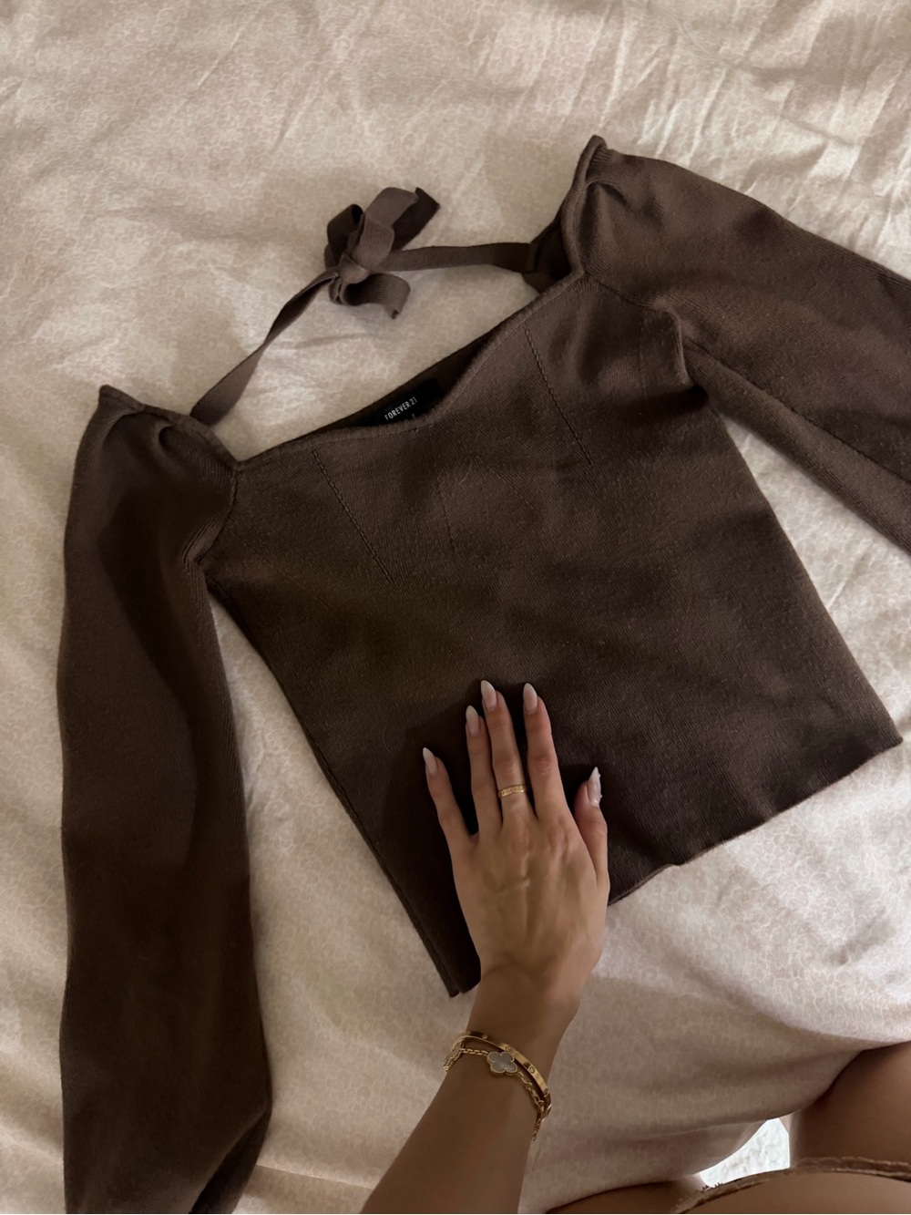 Forever 21 Neck Brown Long Sleeve Knit Top